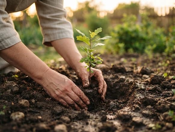 Mãos plantando uma muda — símbolo de impacto transparente